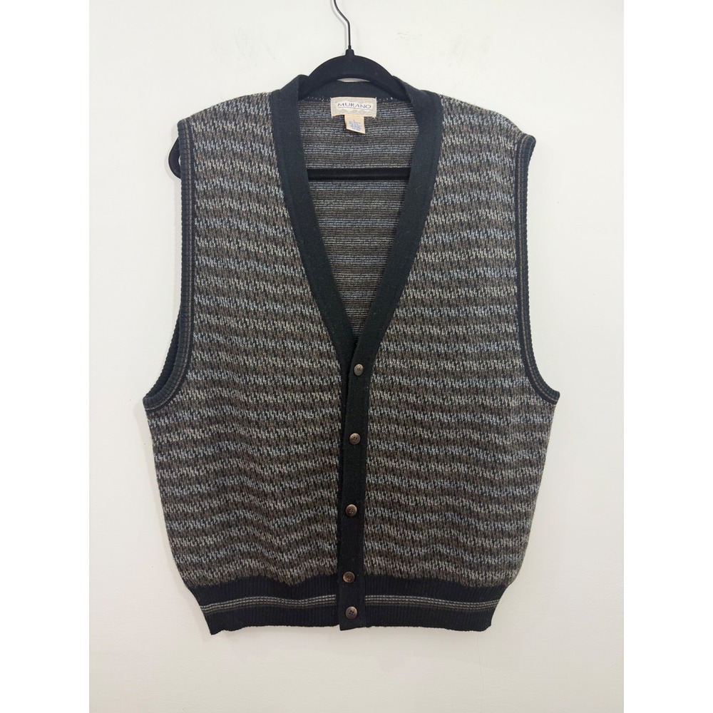 Murano Mens Large Cardigan Vest Wool Blend Knit V-Neck Made in Italy Grey Brown